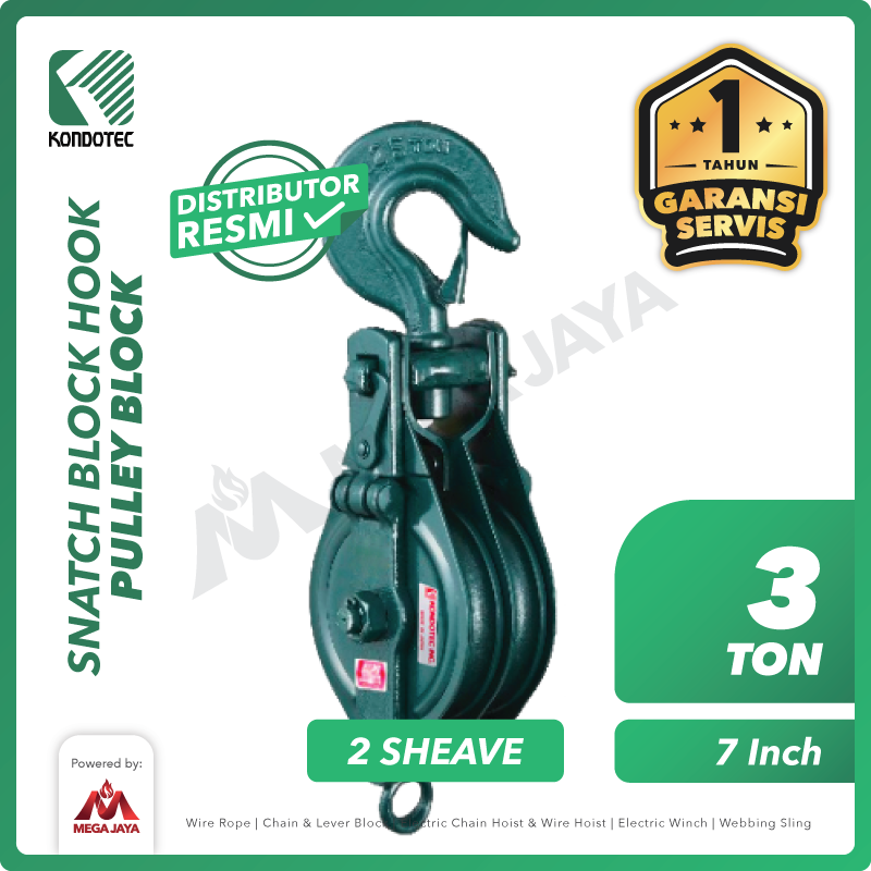 KONDOTEC-Snatch-Block-Hook-3-Ton-x-7-inch-2Sheave-I.png Snatch Block Kondo Double Sheave with Hook 7" - Image 1