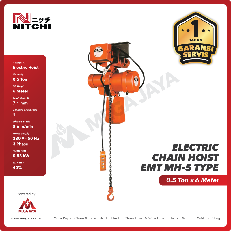 Electric Chain Hoist 3F Nitchi EMT-MH-5 + Trolley 0,5 Ton x 6 Meter - Gambar 2