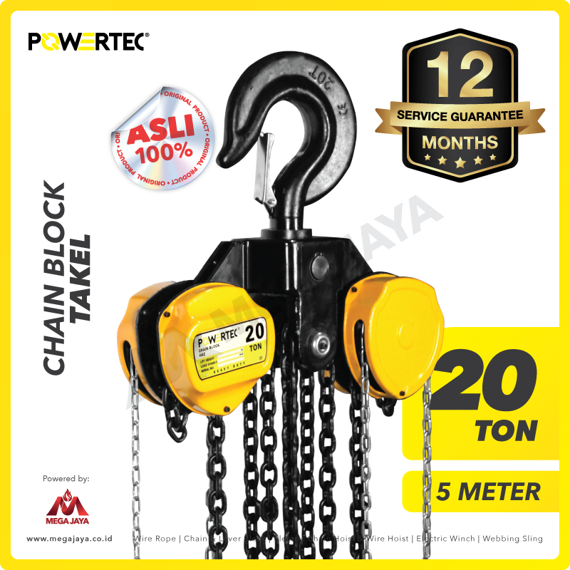 POWERTEC-Chain-Block-20Ton-x-5Meter-I.png Chain Block Powertec 20 Ton x 5 Meter (10Milimeter) - Image 1
