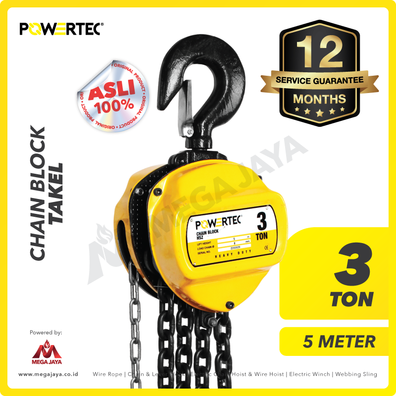POWERTEC-Chain-Block-3Ton-x-5Meter-I.png Chain Block Powertec 3 T x 5 M (8Milimeter) - Gambar 1