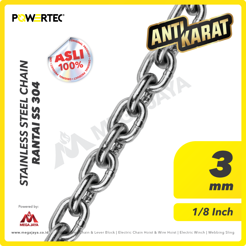 POWERTEC-Chain-SS-304-3mm-I.png SS 304 Chain Powertec 3Milimeter @100 Kg - Gambar 1