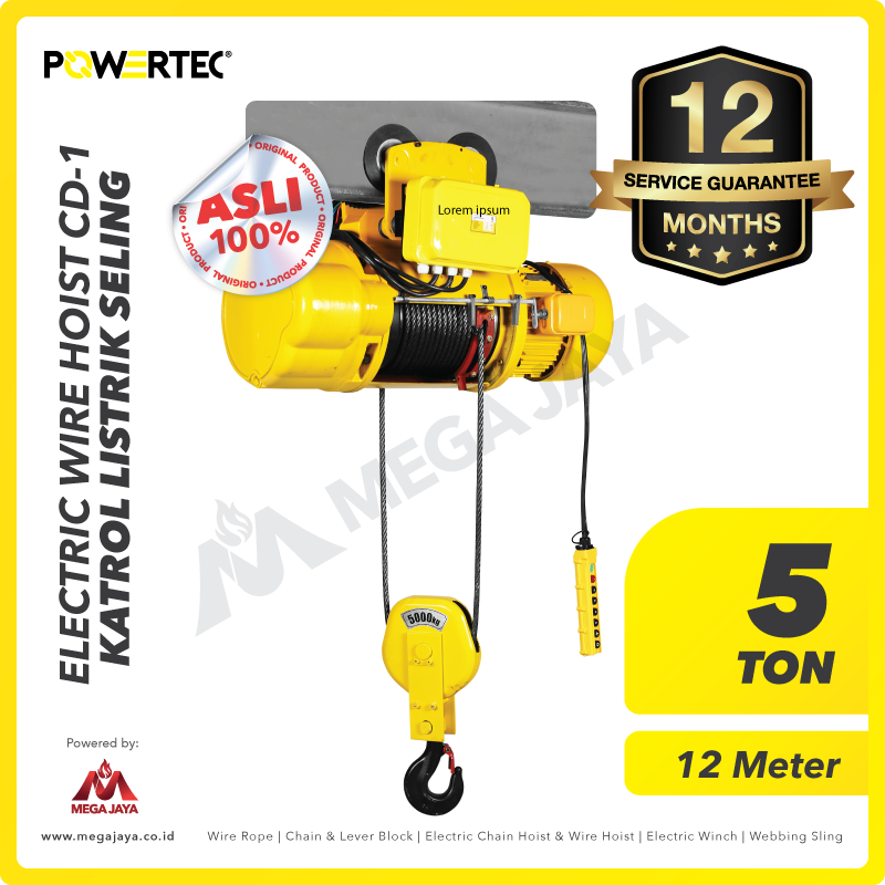 POWERTEC-Electric-Wire-Rope-Hoist-CD-1-5Ton-x-12Meter-I.png Electric Wire Rope Hoist 3F Powertec CD1 + Trolley 5 Ton x 12 Meter - Image 1