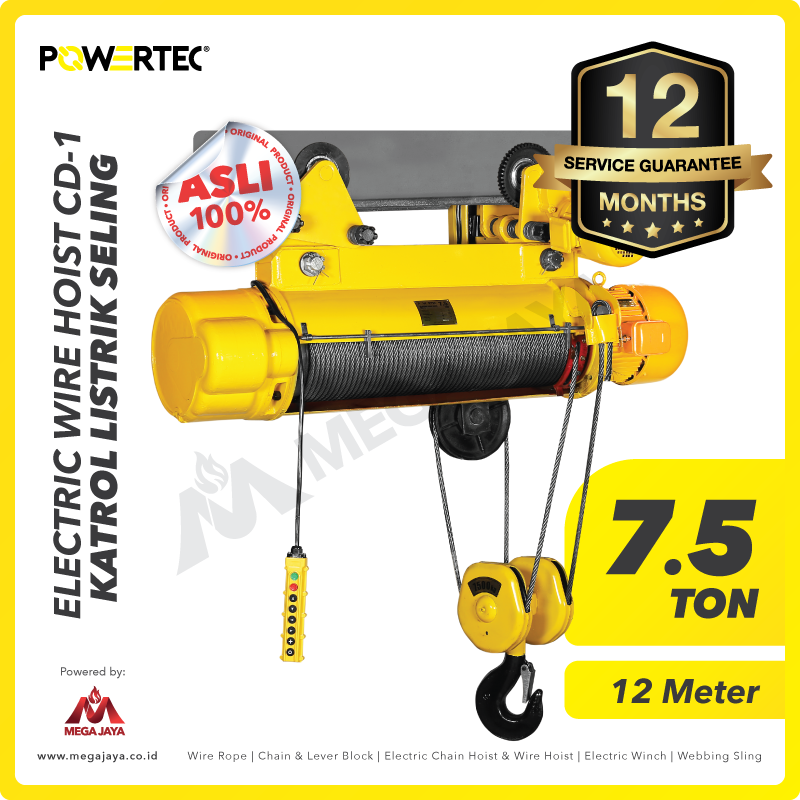 POWERTEC-Electric-Wire-Rope-Hoist-CD-1-7.5Ton-x-12Meter-I.png Electric Wire Rope Hoist 3F Powertec CD1 + Trolley 7,5 Ton x 12 Meter - Gambar 1
