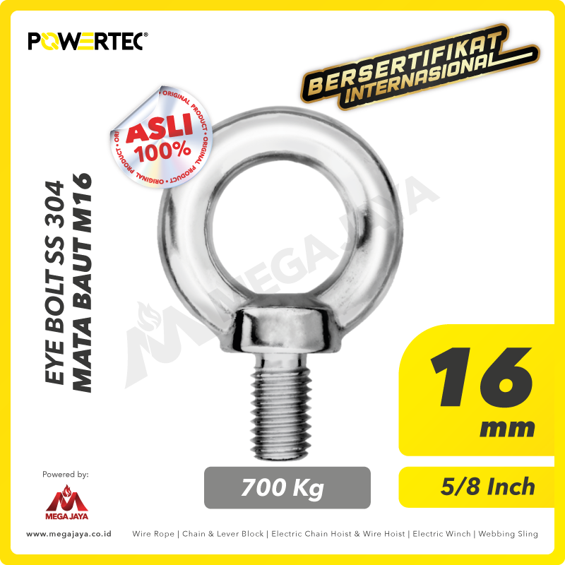 POWERTEC-Eye-Bolt-SS304-16mm-I.png Eye Bolt Powertec SS 304 M16 - 0,35 Ton - Gambar 1