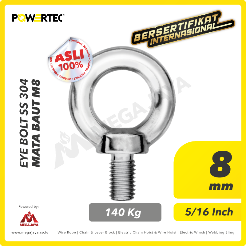 POWERTEC-Eye-Bolt-SS304-8mm-I.png Eye Bolt Powertec SS 304 M8 - 0,07 Ton - Gambar 1