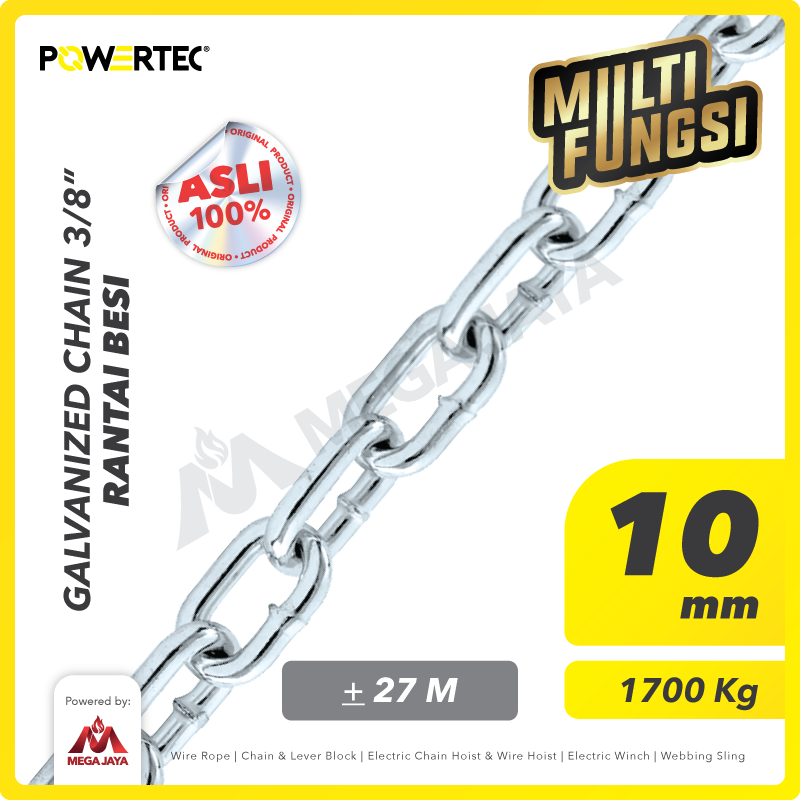 POWERTEC-Galvanized-Chain-10mm-1.png Galv Chain Powertec 10Milimeter - 3/8" @48 Kg - Gambar 1