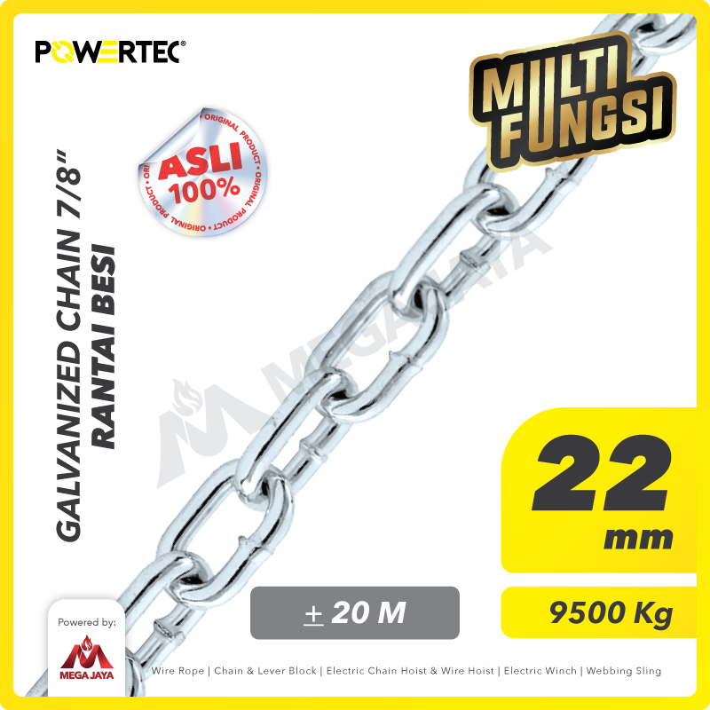 POWERTEC-Galvanized-Chain-22mm-1.png Galv Chain Powertec 22Milimeter - 7/8" @200 Kg - Gambar 1