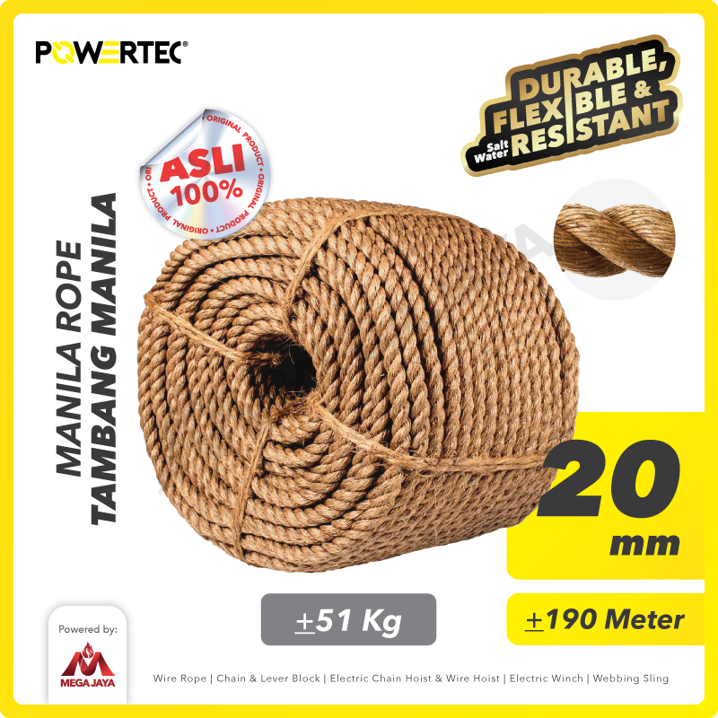 POWERTEC-Manila-Rope-20-mm-X-190-M-I.png Manila Rope Powertec 20Milimeter @51 Kg - Image 1