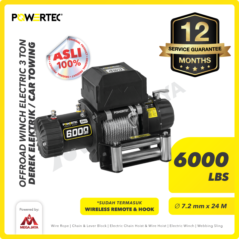 POWERTEC-Offroad-Winch-Electric-6000-Lbs-x-24-Meter-I.png Electric Car Winch DC Powertec PC 6000 Lbs-12V 3Ton x 24 Meter 7,2Milimeter - Gambar 1