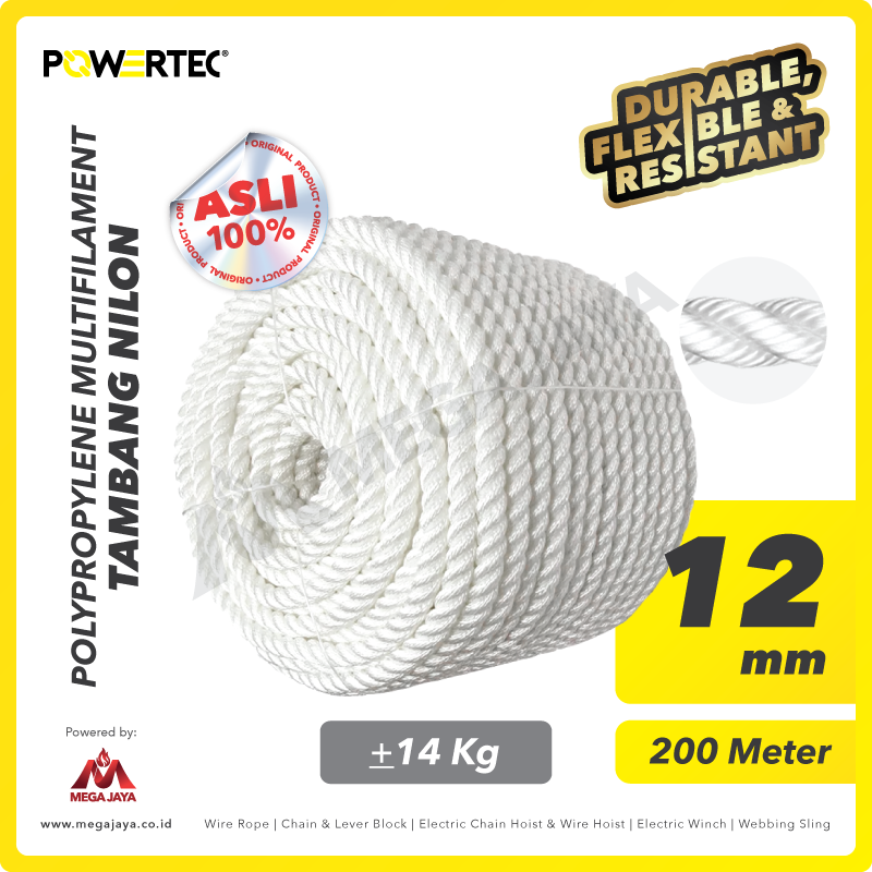POWERTEC-PP-multi-Rope-12mm.png PP Multi (Nylon) Rope Powertec 12Milimeter - Cir 1 1/2" @14Kg - Image 1