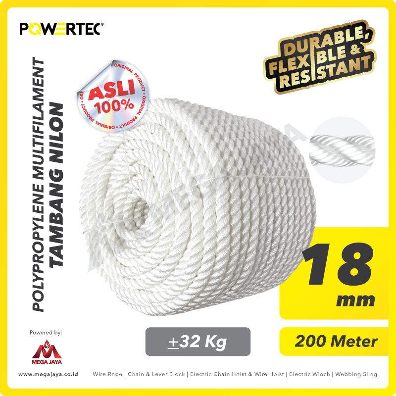 POWERTEC-PP-multi-Rope-18mm-I.png PP Multi (Nylon) Rope Powertec 18Milimeter - Cir 2 1/4" @32Kg - Gambar 1