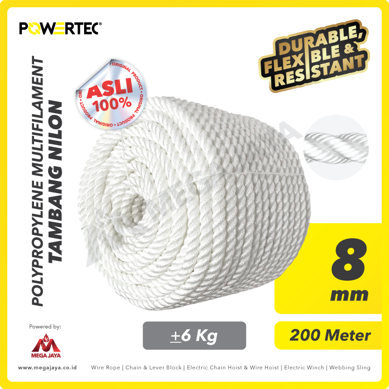 POWERTEC-PP-multi-Rope-8mm-I.png PP Multi (Nylon) Rope Powertec 8Milimeter - Cir 1" @6Kg - Gambar 1