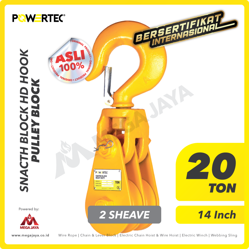 POWERTEC-Snatch-Block-HD-Hook-2Sheave-20Ton-I.png Snatch Block Powertec HD Double Sheave with Hook 20 Ton - 14" - Image 1