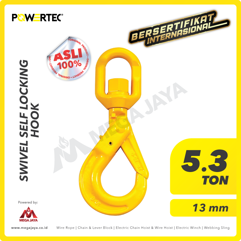POWERTEC-Swivel-Self-Locking-Hook-5.3Ton-x-13mm-I.png Swivel Self-Locking Hook Powertec 13Milimeter - 5,3 Ton - Image 1