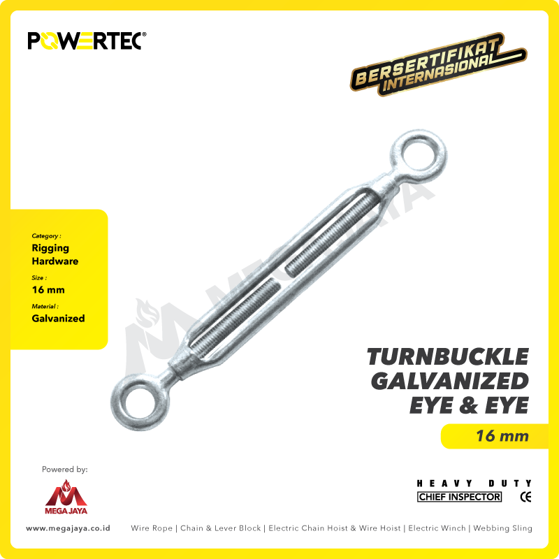 POWERTEC-Turnbuckle-Galvanized-16mm-I.png Turnbuckle Powertec Galv Eye & Eye 16Milimeter - 5/8" - Gambar 1
