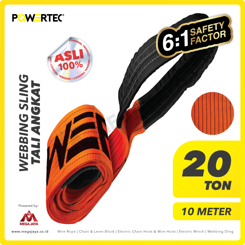 POWERTEC-Webbing-Sling-20Ton-x-10Meter-I.png Webbing Sling Powertec (6:1) 4Ply 20 Ton X 10 Meter (Orange) - Gambar 1