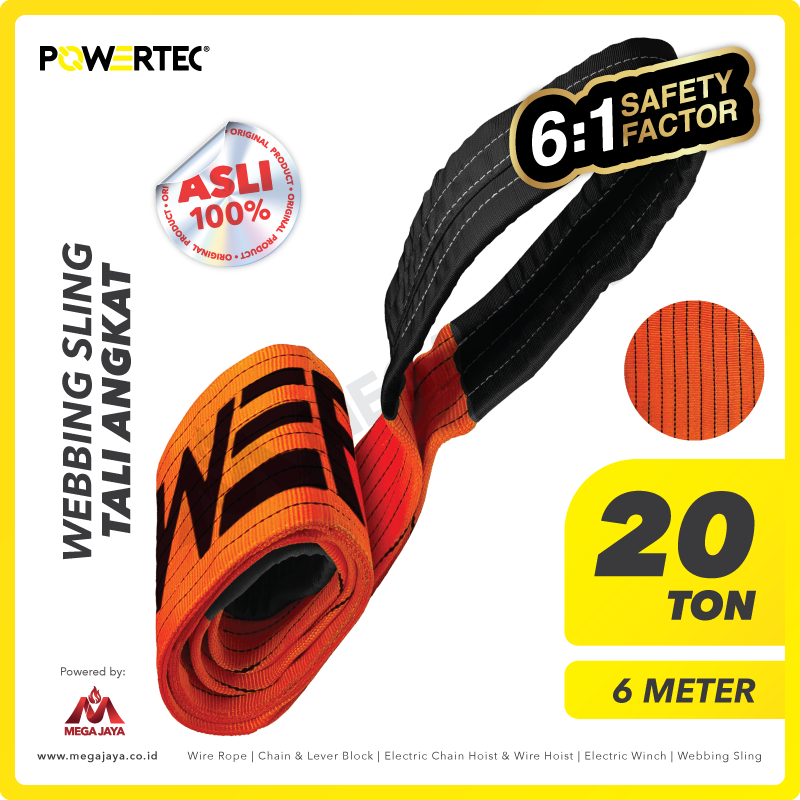 POWERTEC-Webbing-Sling-20Ton-x-6Meter-I.png Webbing Sling Powertec (6:1) 4Ply 20 Ton X 6 Meter (Orange) - Image 1