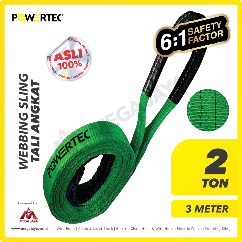 POWERTEC-Webbing-Sling-2Ton-x-3Meter-I.png Webbing Sling Powertec (6:1) 2Ply 2 Ton X 3 Meter (Hijau) - Image 1
