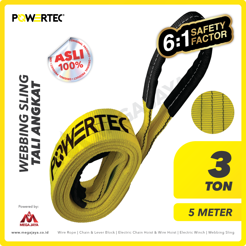 POWERTEC-Webbing-Sling-3Ton-x-5Meter-I.png Webbing Sling Powertec (6:1) 2Ply 3 Ton X 5 Meter (Kuning) - Image 1