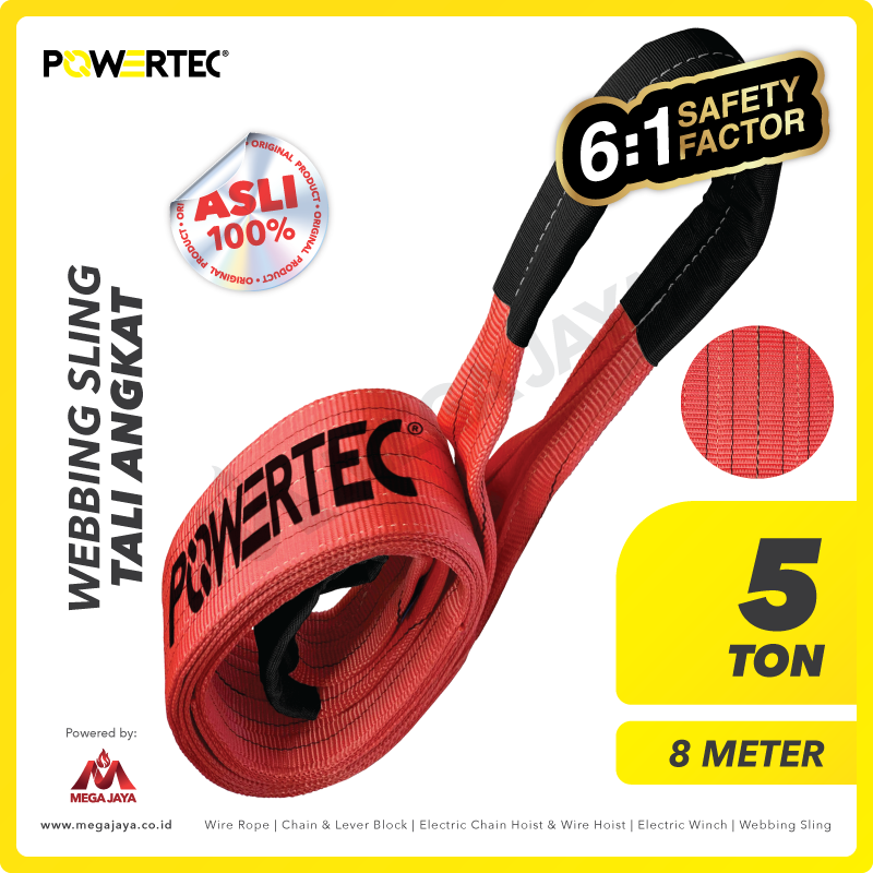 POWERTEC-Webbing-Sling-5Ton-x-8Meter-I.png Webbing Sling Powertec (6:1) 2Ply 5 Ton X 8 Meter (Merah) - Gambar 1