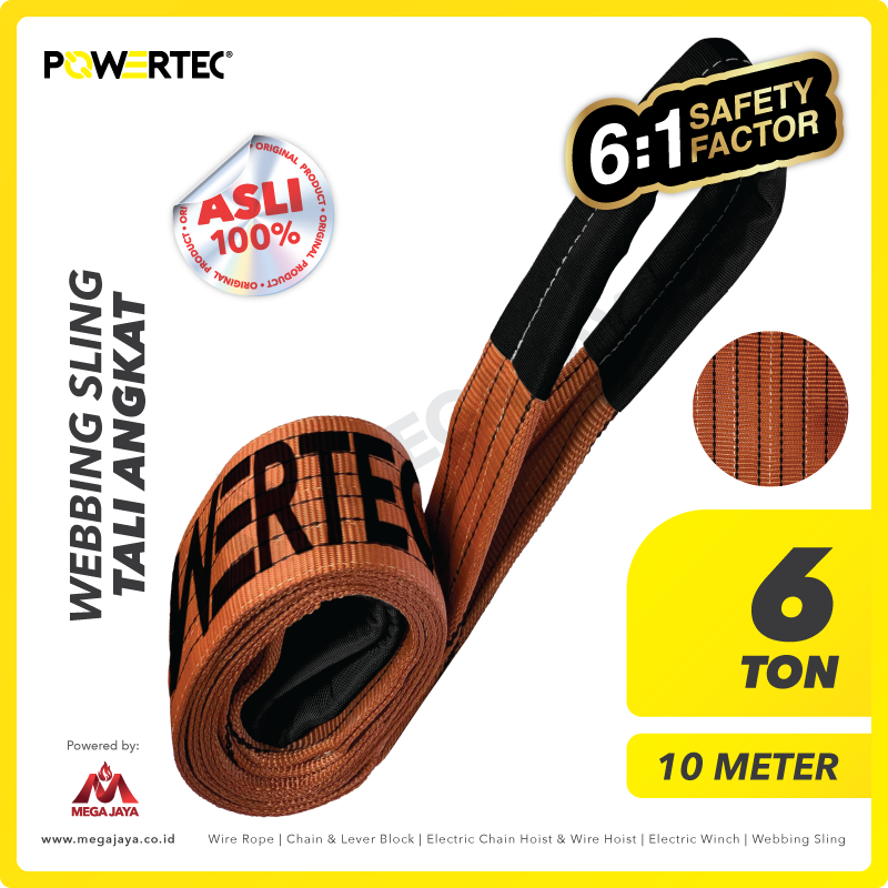 POWERTEC-Webbing-Sling-6Ton-x-10Meter-I.png Webbing Sling Powertec (6:1) 2Ply 6 Ton X 10 Meter (Cokelat) - Image 1