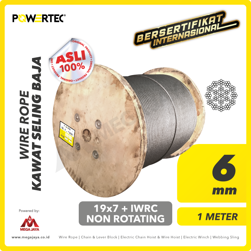 POWERTEC-Wire-Rope-19x7-IWRC-6mm-x-1Meter-I.png Wire Rope Powertec 19x7 + IWRC Ungalv 6Milimeter - Image 1
