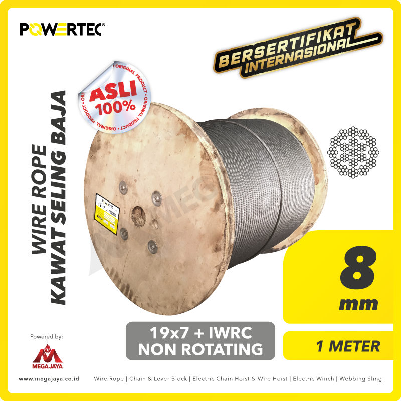 POWERTEC-Wire-Rope-19x7-IWRC-8mm-x-1Meter-I.png Wire Rope Powertec 19x7 + IWRC Ungalv 8Milimeter - Gambar 1