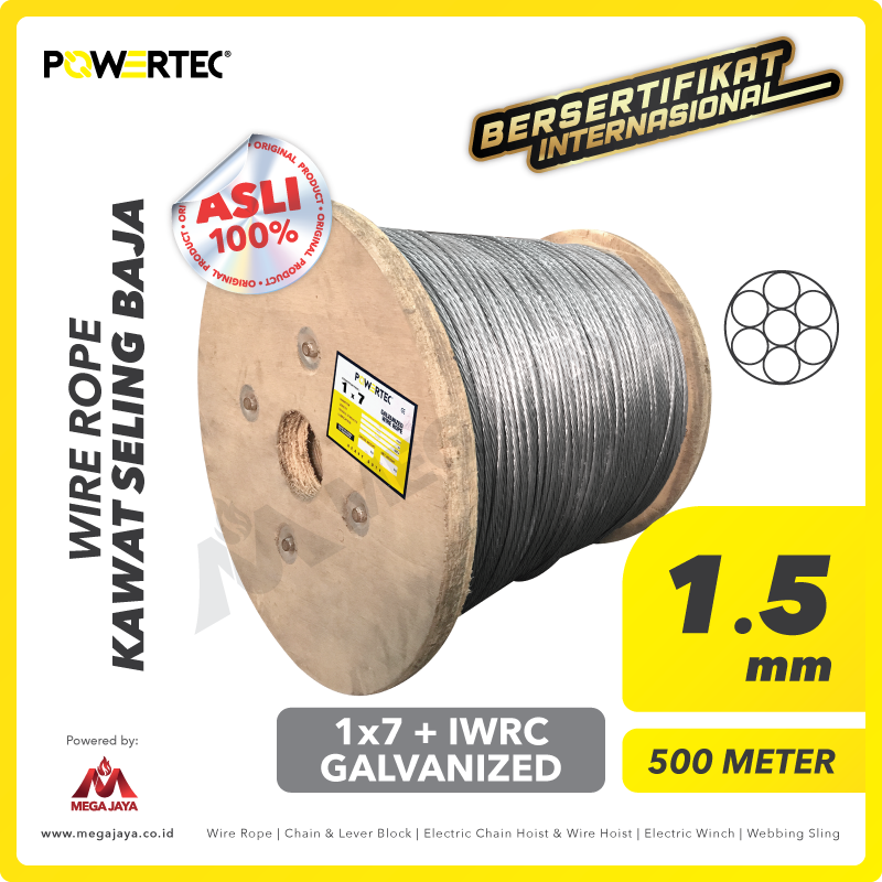 POWERTEC-Wire-Rope-1x7-IWRC-1.5mm-x-500Meter-I.png Wire Rope Powertec 1x7 Galv 1,5Milimeter @500 Meter - Image 1