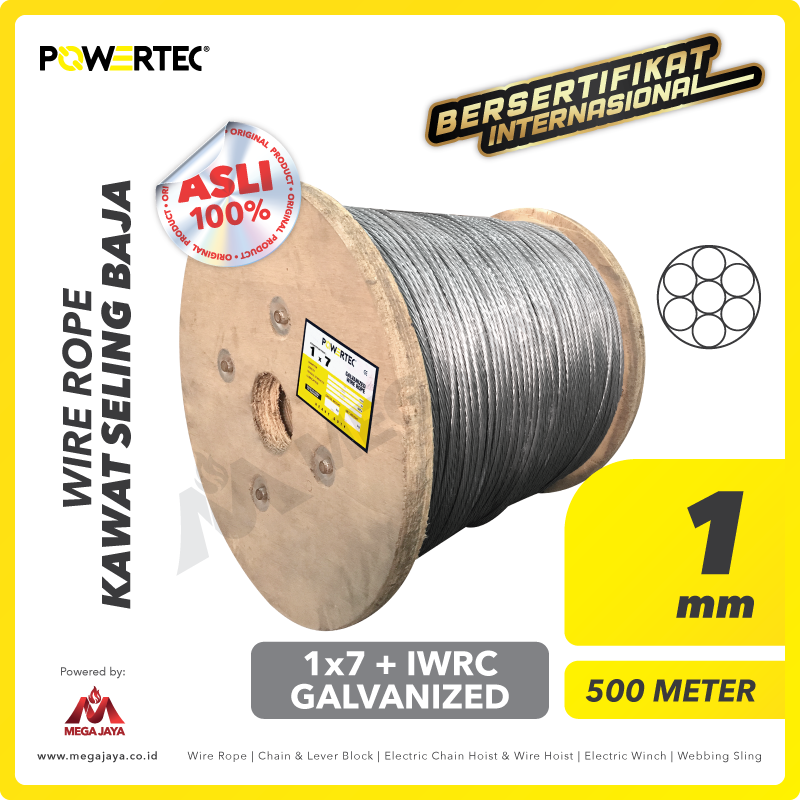 POWERTEC-Wire-Rope-1x7-IWRC-1mm-x-500Meter-I.png Wire Rope Powertec 1x7 Galv 1Milimeter @500 Meter - Gambar 1