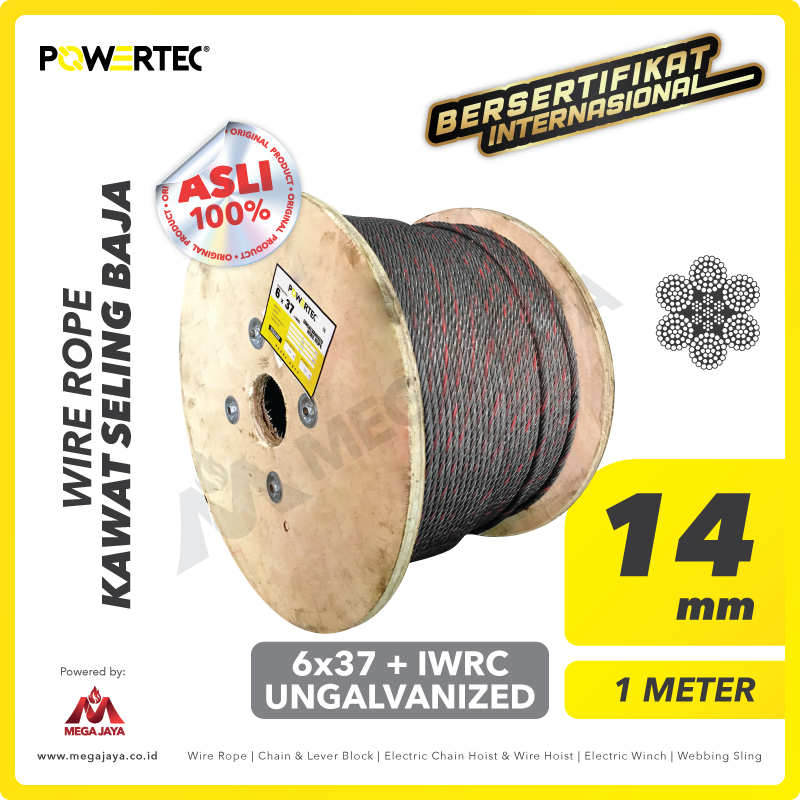 POWERTEC-Wire-Rope-6-x-37-IWRC-14mm-x-1Meter-I.png Wire Rope Powertec 6x37 + IWRC Ungalv 14Milimeter - Gambar 1