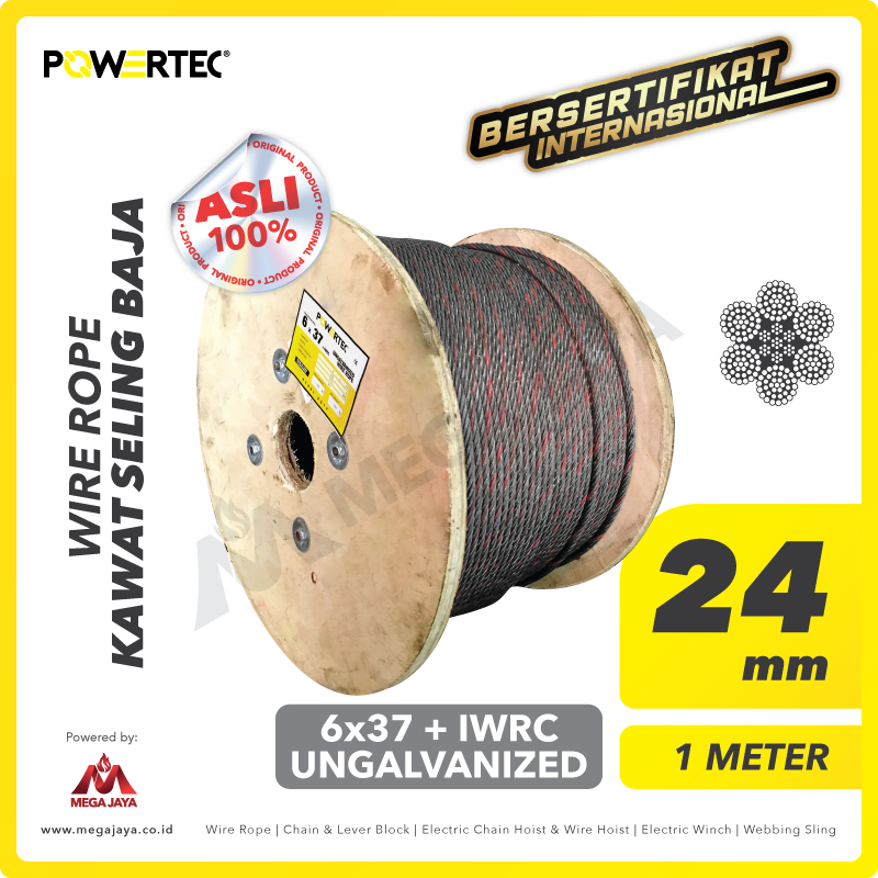 POWERTEC-Wire-Rope-6-x-37-IWRC-24mm-x-1Meter-I.png Wire Rope Powertec 6x37 + IWRC Ungalv 24Milimeter - Gambar 1