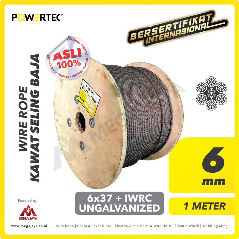 POWERTEC-Wire-Rope-6-x-37-IWRC-6mm-x-1Meter-I.png Wire Rope Powertec 6x37 + IWRC Ungalv 6Milimeter - Image 1