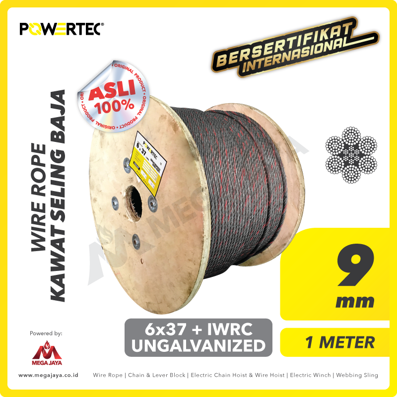 POWERTEC-Wire-Rope-6-x-37-IWRC-9mm-x-1Meter-I.png Wire Rope Powertec 6x37 + IWRC Ungalv 9Milimeter - Gambar 1