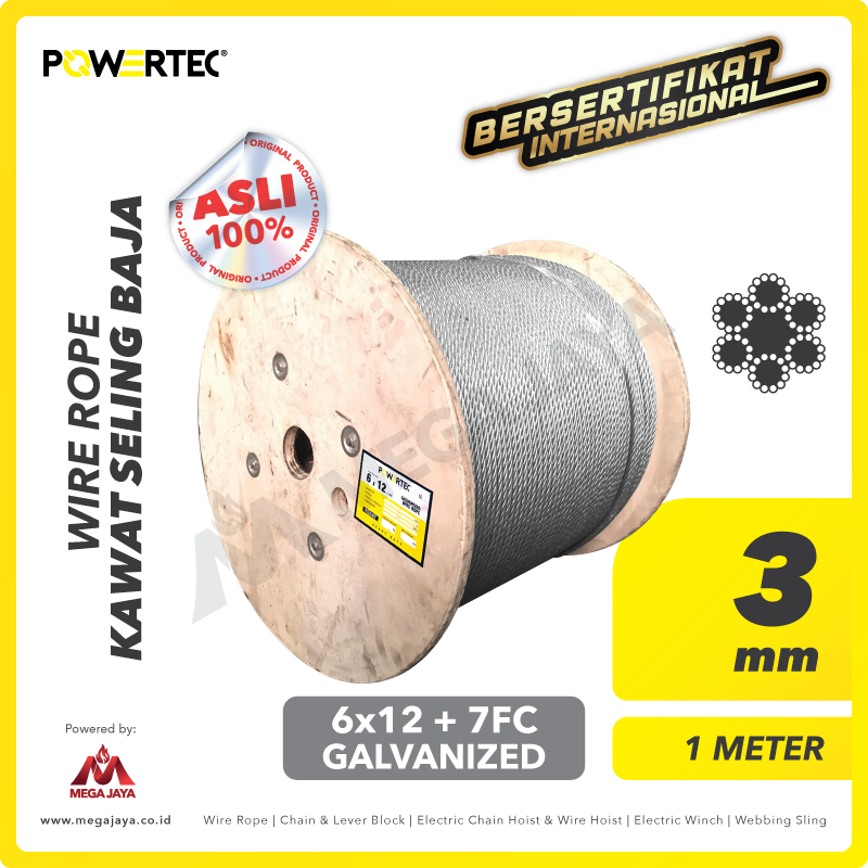 POWERTEC-Wire-Rope-6x12-7FC-3mm-x-1Meter-I.png Wire Rope Powertec 6x12 + 7FC Galv 3Milimeter - Image 1