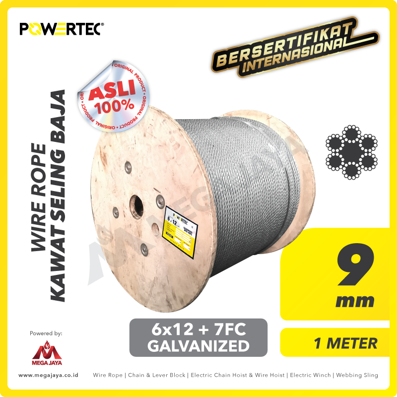 POWERTEC-Wire-Rope-6x12-7FC-9mm-x-1Meter-I.png Wire Rope Powertec 6x12 + 7FC Galv 9Milimeter - Gambar 1