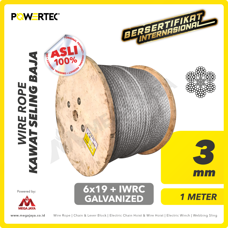 POWERTEC-Wire-Rope-6x19-IWRC-3mm-x-1Meter-I.png Wire Rope Powertec 6x19 + IWRC Galv 3Milimeter - Image 1