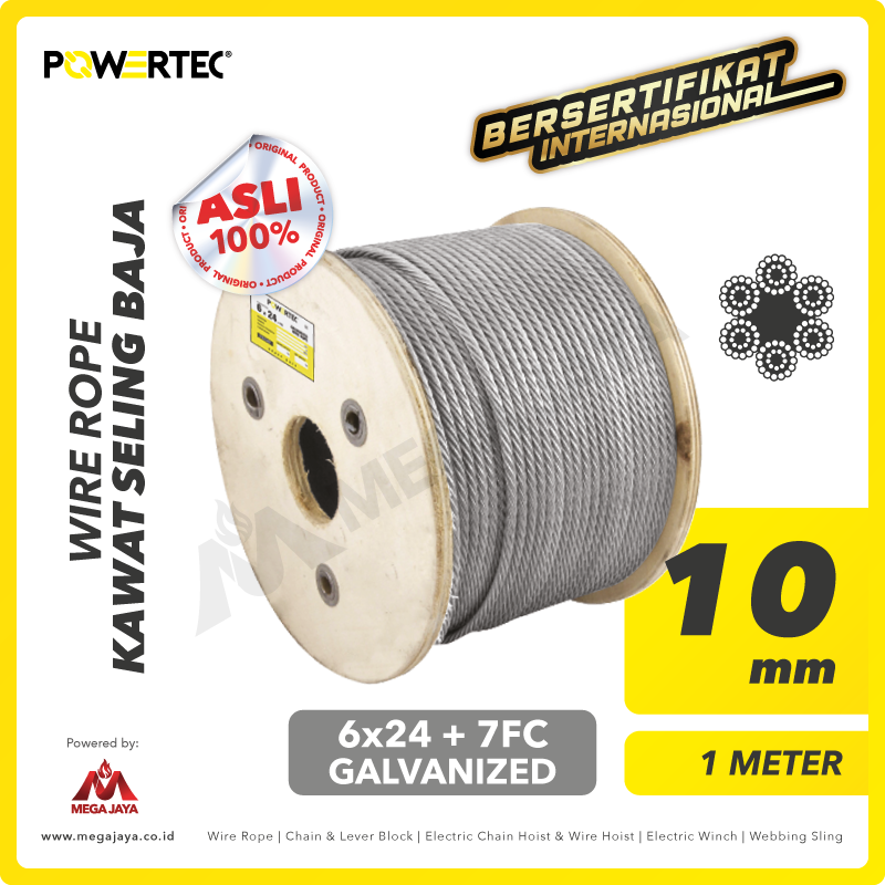 POWERTEC-Wire-Rope-6x24-7FC-10mm-x-1Meter-I.png Wire Rope Powertec 6x24 + 7FC Galv 10Milimeter - Gambar 1