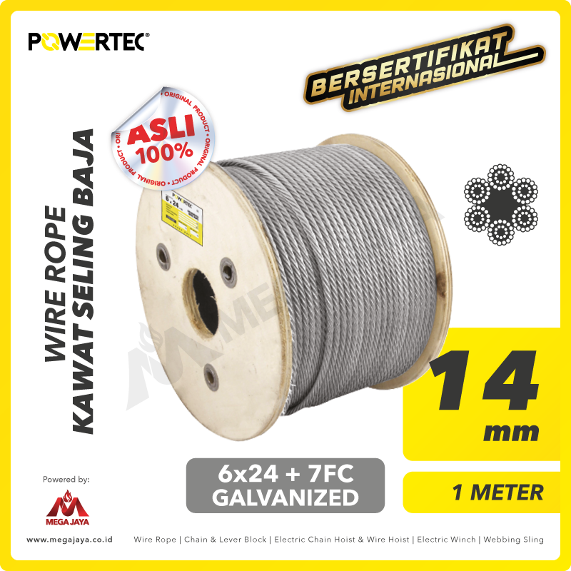 POWERTEC-Wire-Rope-6x24-7FC-14mm-x-1Meter-I.png Wire Rope Powertec 6x24 + 7FC Galv 14Milimeter - Image 1