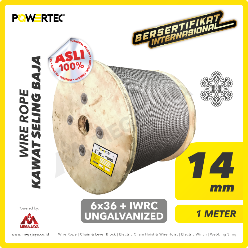 POWERTEC-Wire-Rope-6x36-IWRC-14mm-x-1Meter-I.png Wire Rope Powertec 6x36 + IWRC Ungalv 14Milimeter - Gambar 1