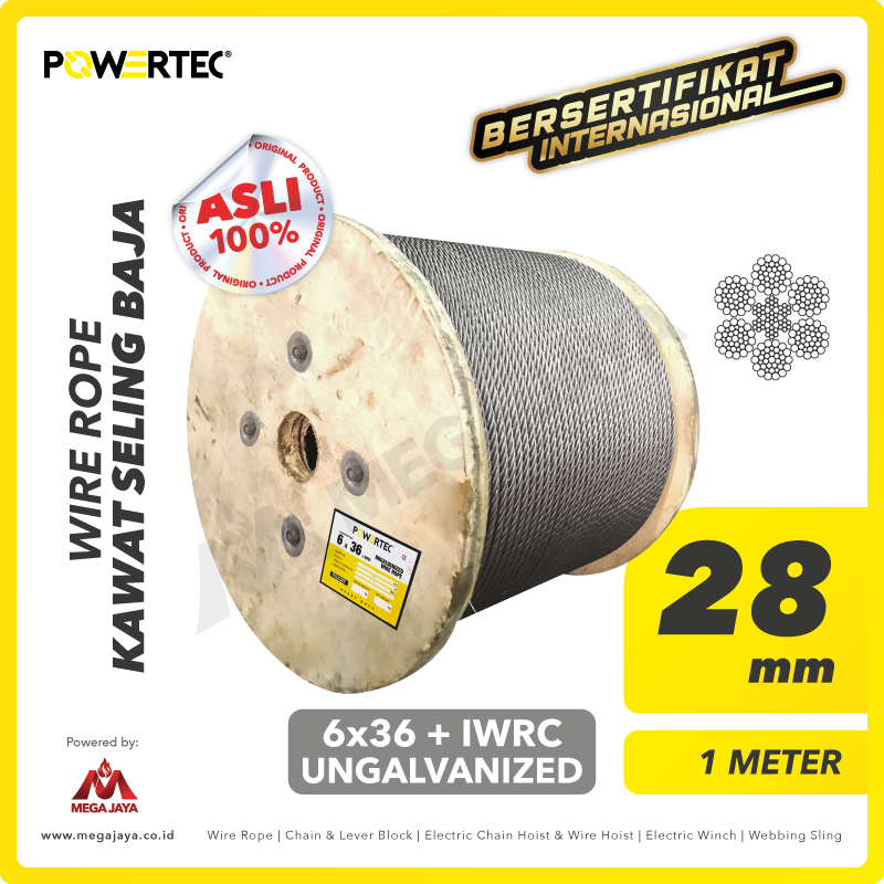 POWERTEC-Wire-Rope-6x36-IWRC-28mm-x-1Meter-I.png Wire Rope Powertec 6x36 + IWRC Ungalv 28Milimeter - Image 1