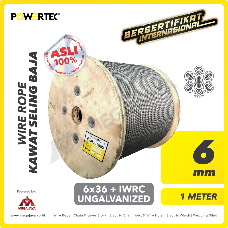 POWERTEC-Wire-Rope-6x36-IWRC-6mm-x-1-Meter-I.png Wire Rope Powertec 6x36 + IWRC Ungalv 6Milimeter - Image 1