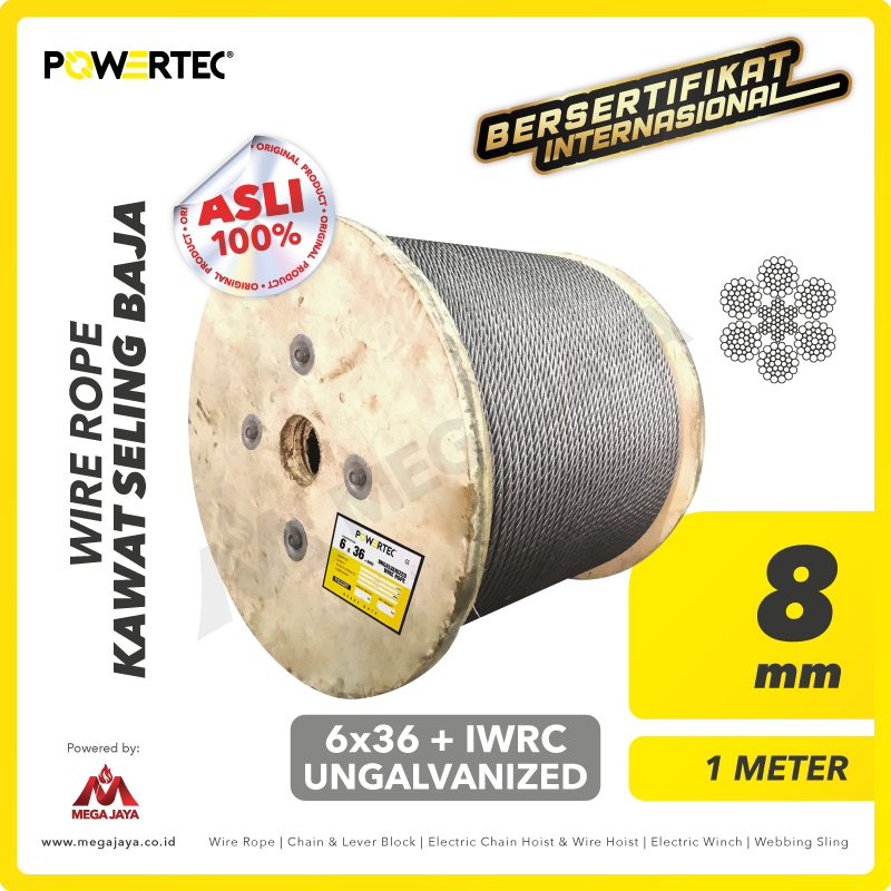POWERTEC-Wire-Rope-6x36-IWRC-8mm-x-1Meter-I.png Wire Rope Powertec 6x36 + IWRC Ungalv 8Milimeter - Image 1