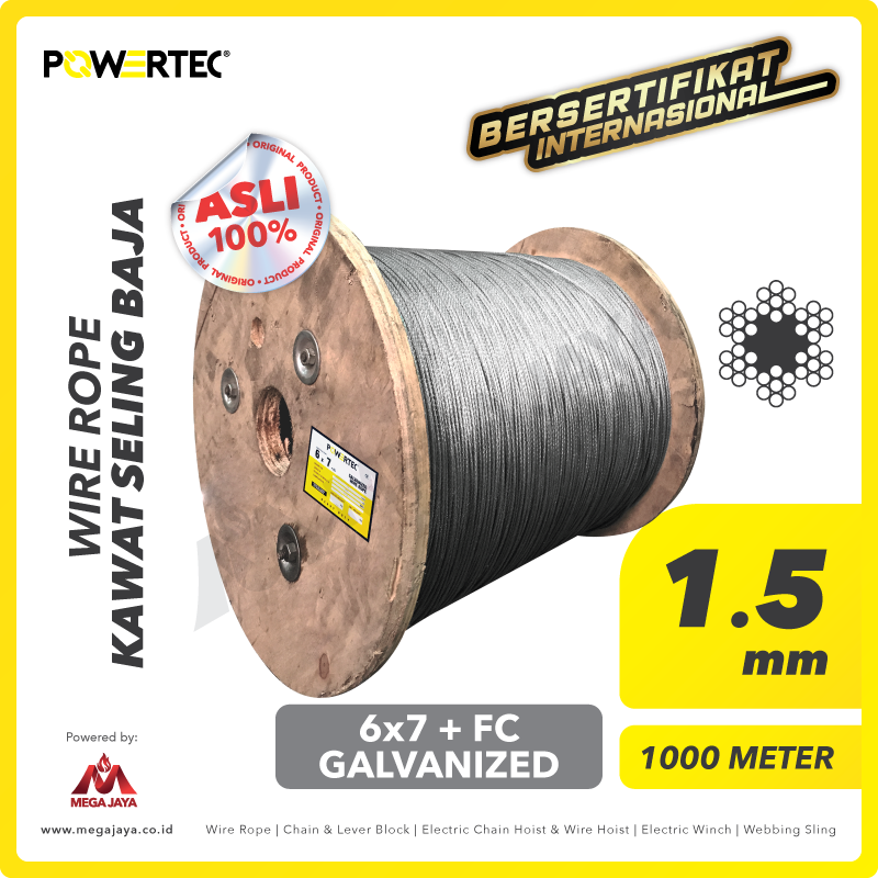 POWERTEC-Wire-Rope-6x7-FC-1.5mm-x-1000Meter-I.png Wire Rope Powertec 6x7 + FC Galv 1,5Milimeter @1000 Meter - Image 1