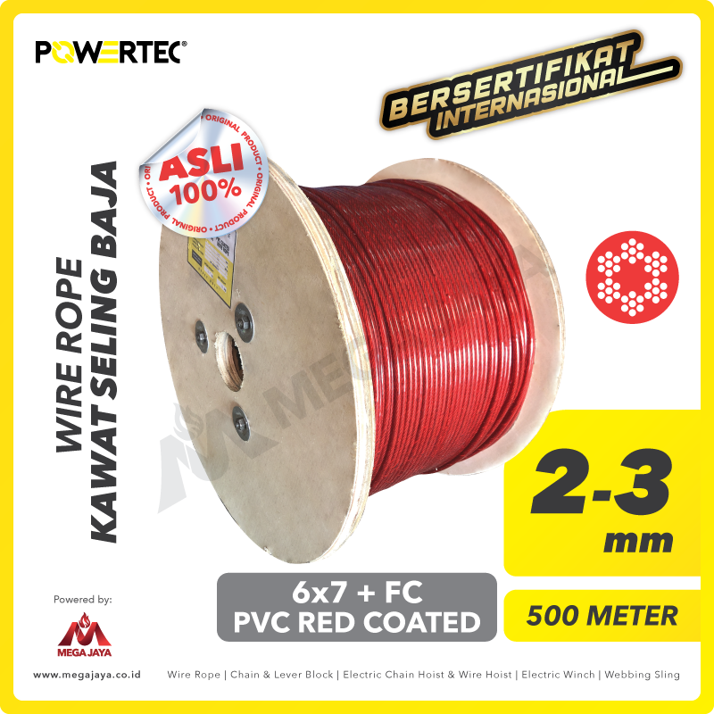 POWERTEC-Wire-Rope-6x7-FC-PVC-Coated-Red-Colour-2-3-x-500Meter-I.png Wire Rope Powertec 6x7 + FC PVC (Merah) 2-3Milimeter @500 Meter - Image 1