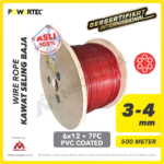 Wire Rope Powertec 6x12 + 7FC PVC (Merah) 3-4Milimeter @500 Meter
