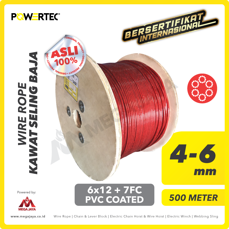 POWERTEC-Wire-Rope-6x7-FC-PVC-Coated-Red-Colour-4-6-mm-x-500-Meter-I.png Wire Rope Powertec 6x12 + 7FC PVC (Merah) 4-6Milimeter @500 Meter - Gambar 1