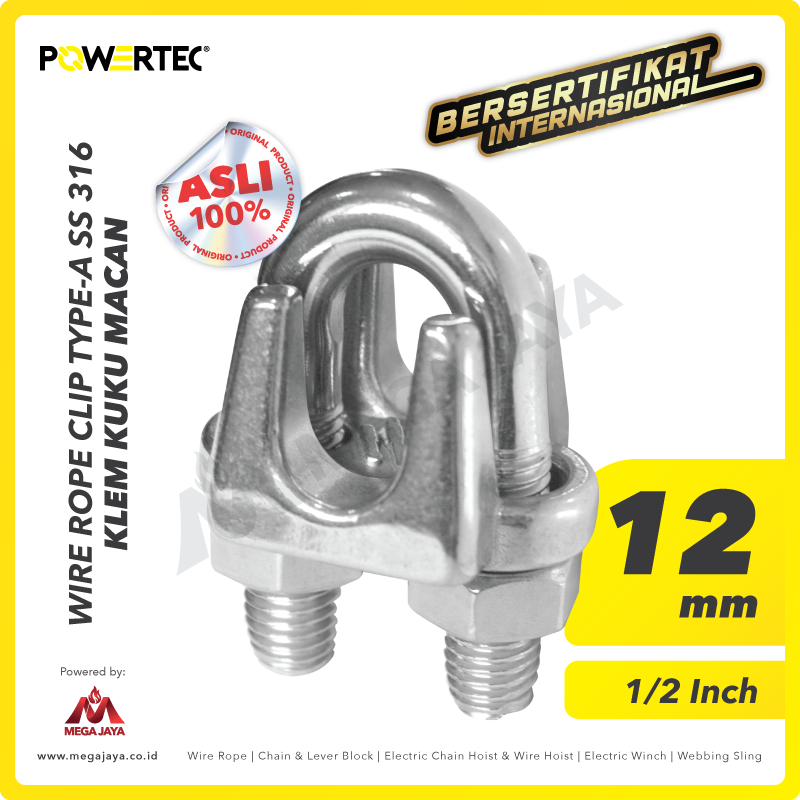 POWERTEC-Wire-Rope-Clip-SS3016-Type-A-12mm-I.png Wire Rope Clip Powertec Type A SS 316 12Milimeter - Gambar 1