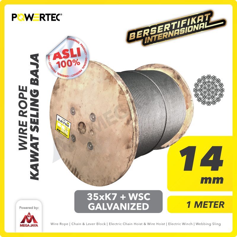 POWERTEC-WR-35xK7-WSC-14mm-x-1Meter-I Wire Rope Powertec 35xK7 + WSC Compacted Galv 14Milimeter (RHLL) - Gambar 1
