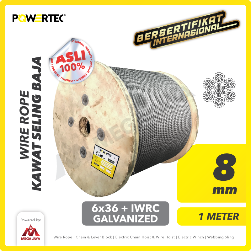 POWERTEC-WR-6x36-Galv-8mm-x-1-Meter-I Wire Rope Powertec 6x36 + IWRC Galv 8Milimeter - Gambar 1