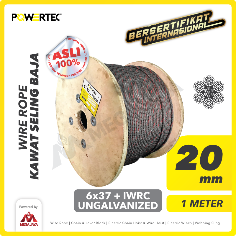POWERTEC-Wire-Rope-6-x-37-IWRC-20mm-x-1Meter-I Wire Rope Powertec 6x37 + IWRC Ungalv 20Milimeter (Blue) - Gambar 1